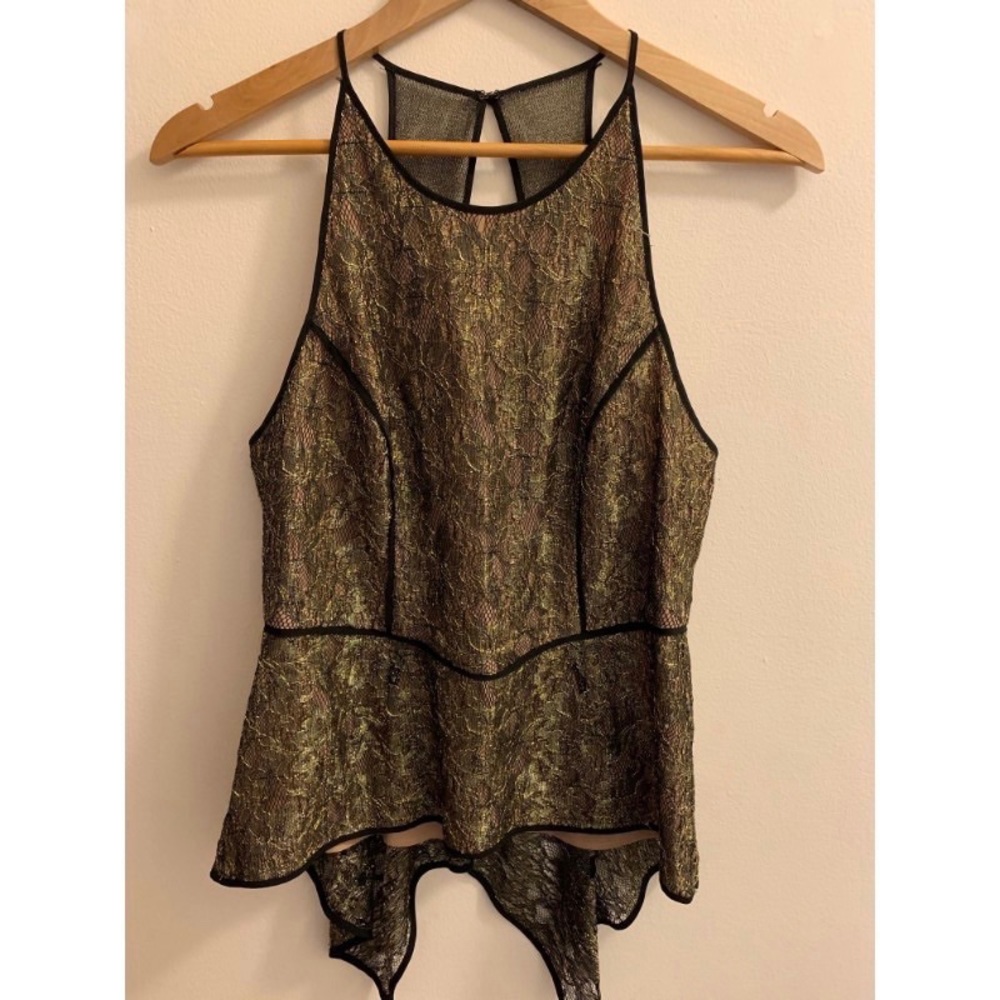 BCBGMaxAzria Black Gold Metallic Lace Peplum Top